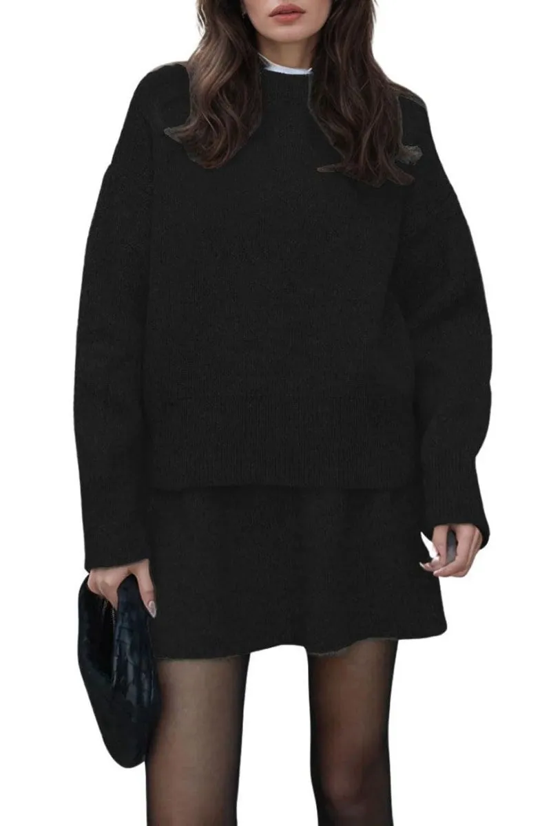Chouyatou Women Sweater Skirt Sets 2 Pieces Outfits Loose Fit Pullover Sweater Knitted Mini Skirt