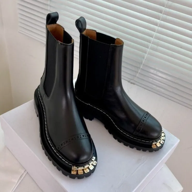 Women Winter Calfskin Leather Round Toe Ankle Boots